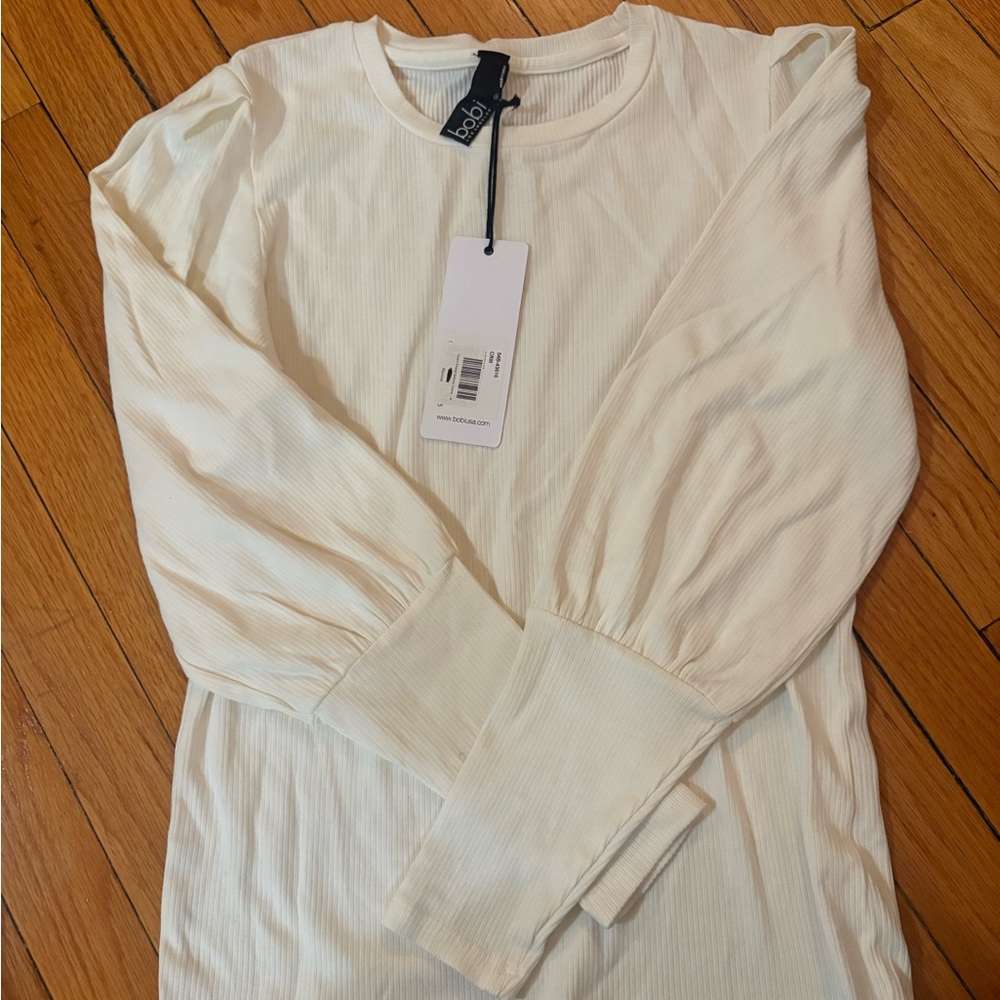 Bobi Cream Ribbed Long Sleeve Top